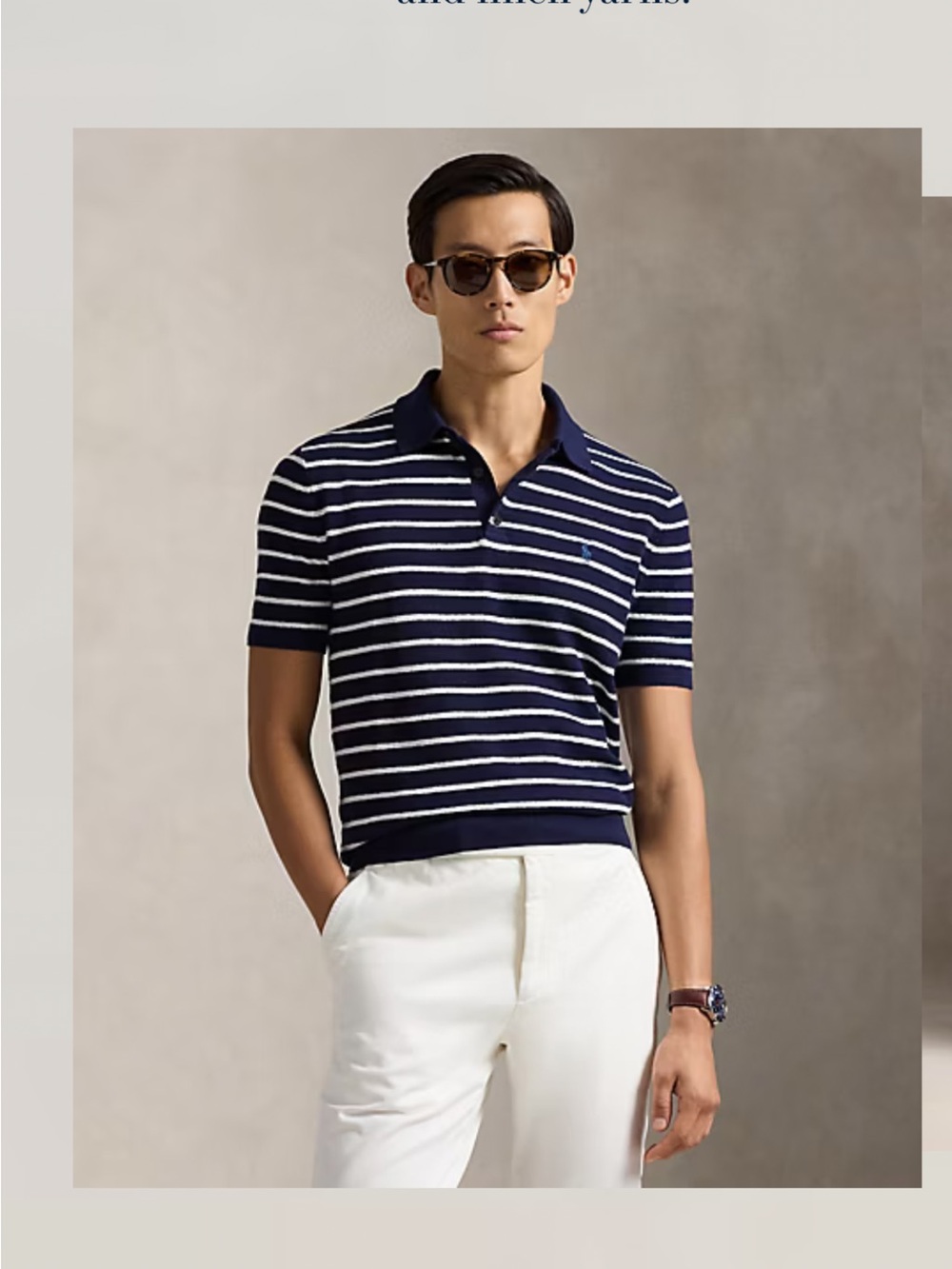 Polo Ralph Lauren Striped Cotton-Linen Polo Sweater Navy Blue White Mens M
